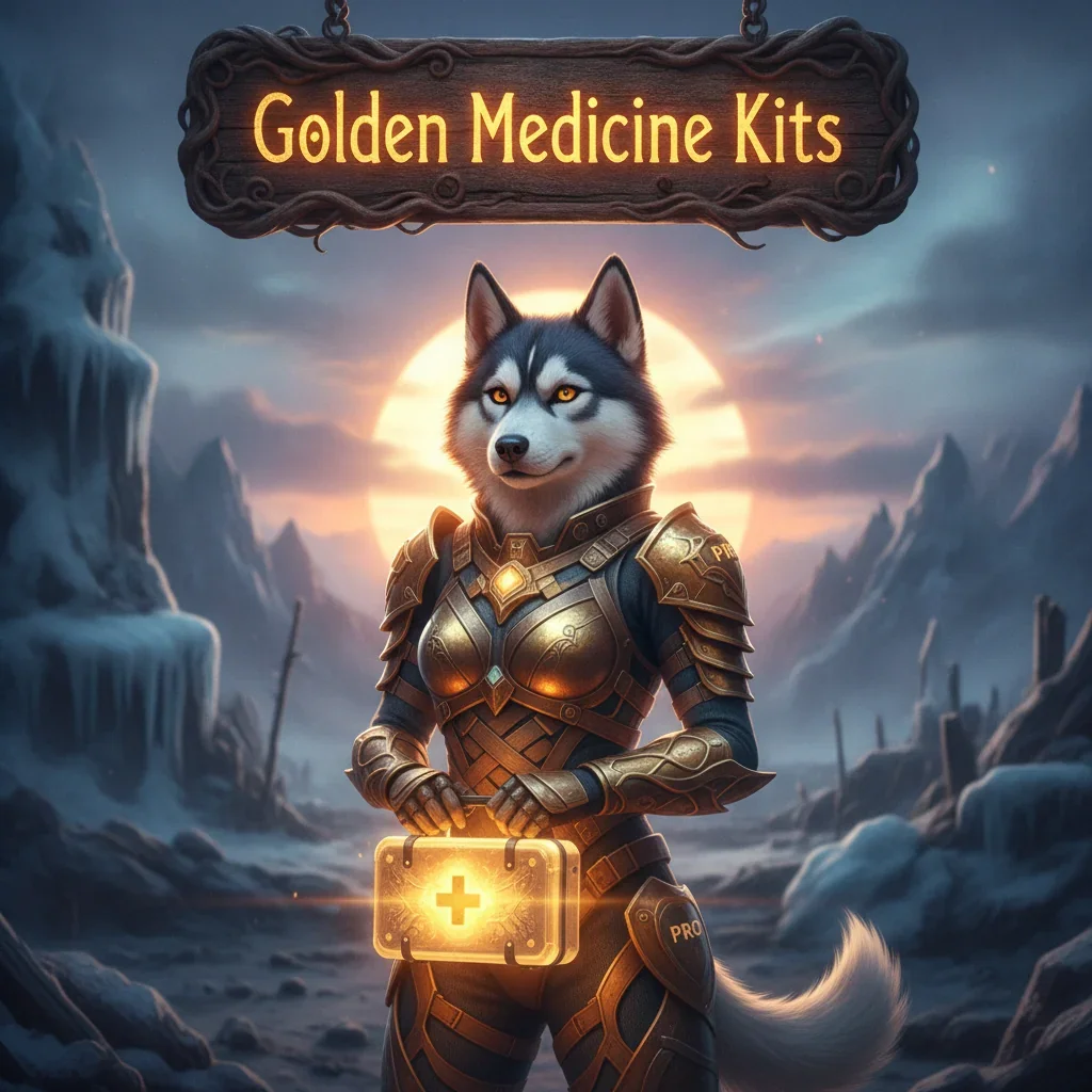 Fantasy artwork depicting an anthropomorphic Husky character, themed around Golden Medicine Kits content and item boosts in a survival game environment.