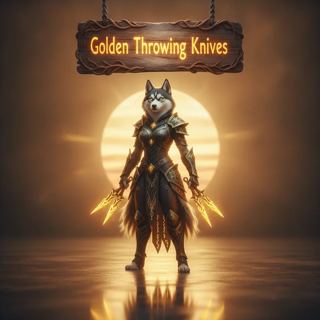 Anthropomorphic Husky character in fantasy armor within a game-inspired environment. Artwork represents golden throwing knives enhancement and weapon progression content.