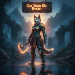 Fantasy artwork with an anthropomorphic Husky character in combat-inspired armor, within a mystical game environment. The image is themed around Call of Duty Black Ops 6's Got Your Six event objectives and content.