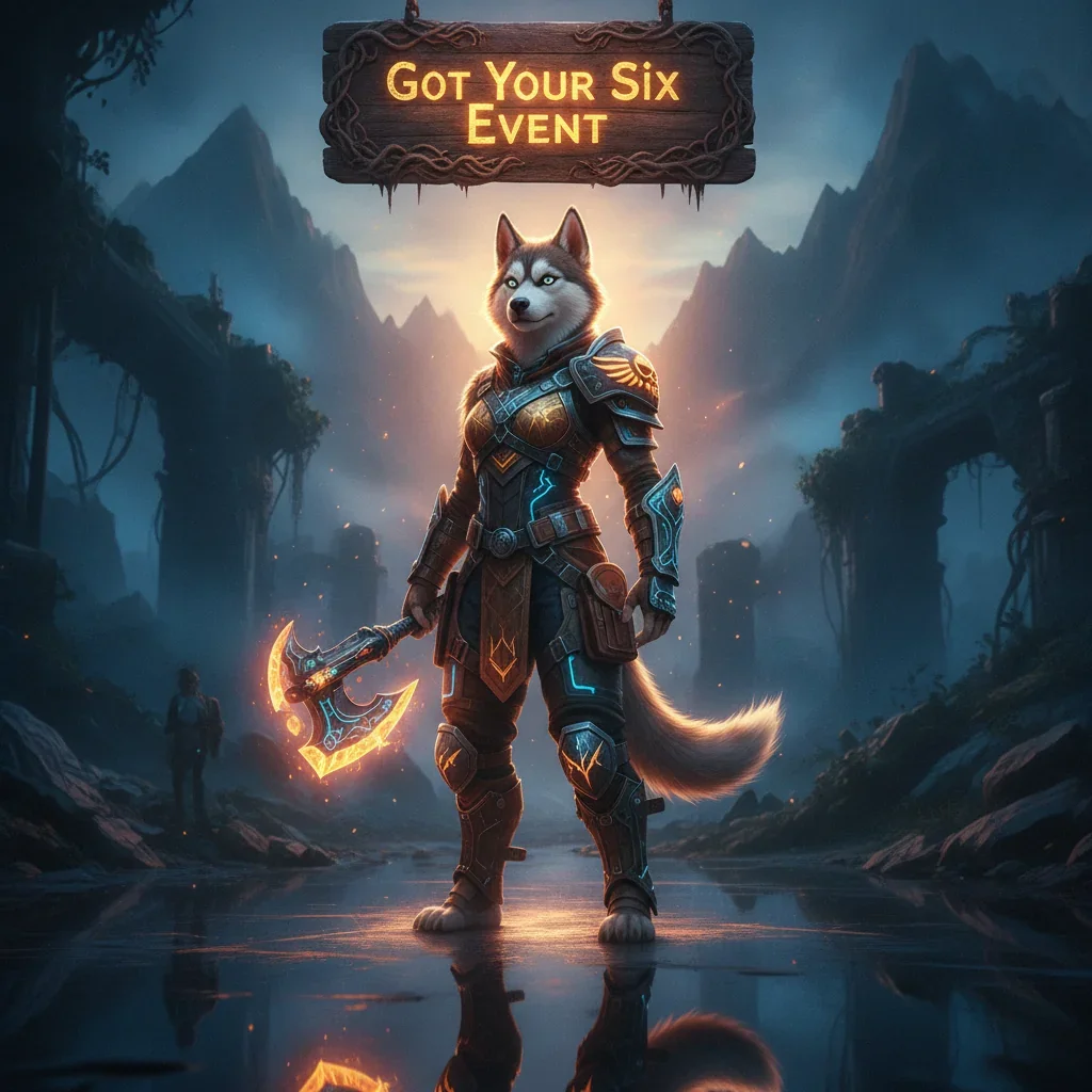 Fantasy artwork with an anthropomorphic Husky character in combat-inspired armor, within a mystical game environment. The image is themed around Call of Duty Black Ops 6's Got Your Six event objectives and content.