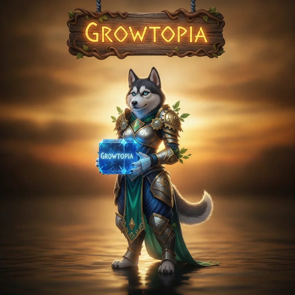Fantasy game-inspired artwork featuring an anthropomorphic Husky character, themed around Growtopia boosting services and game content.