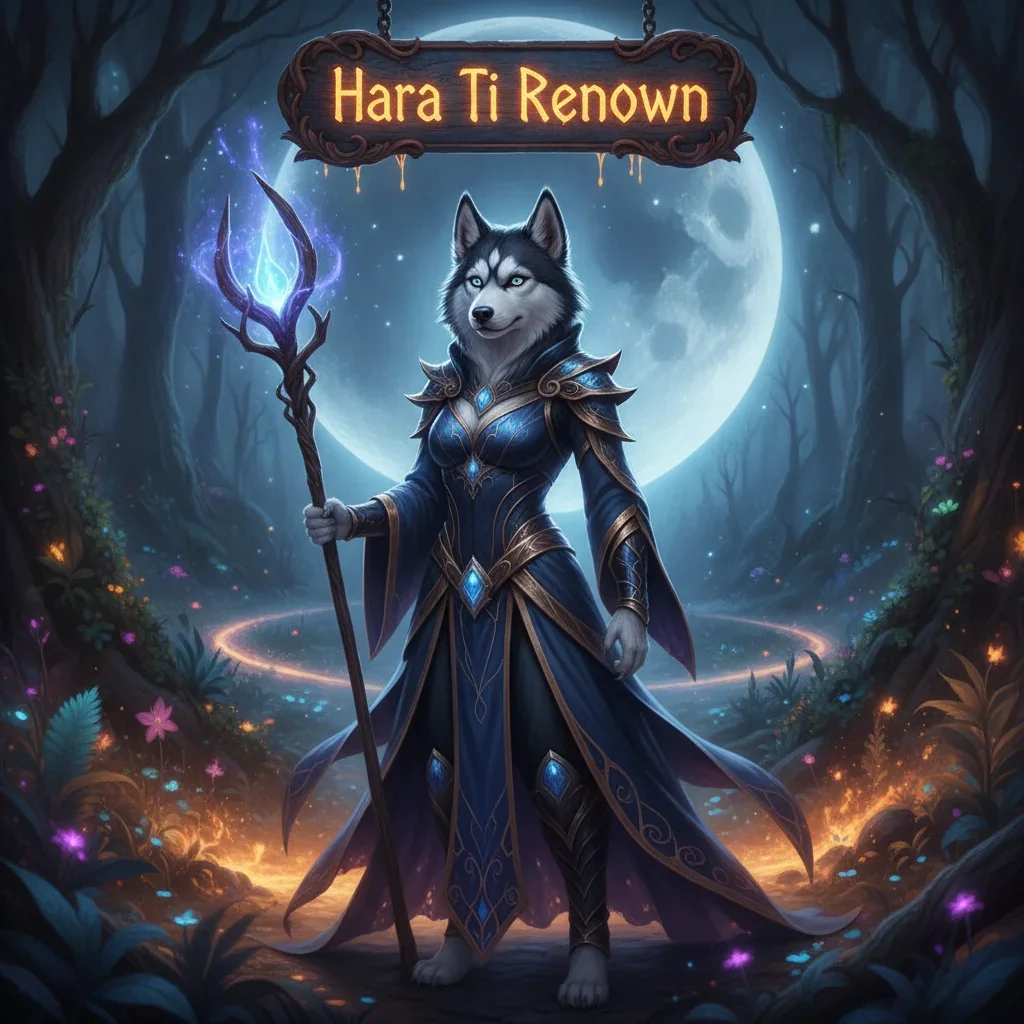 An anthropomorphic husky character in fantasy attire stands in a game-inspired environment, representing Hara Ti Renown Boost content for WoW Midnight. This fantasy artwork is themed around faction progression.