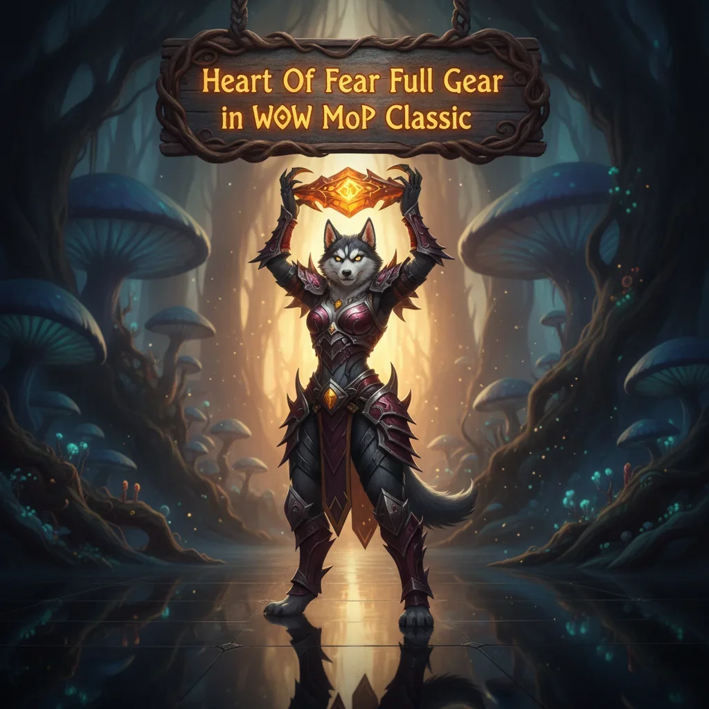 Fantasy game-inspired artwork featuring an anthropomorphic husky character in armor, themed around the Heart of Fear raid.