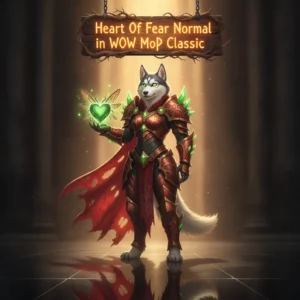 Fantasy artwork featuring an anthropomorphic Husky character in armor, themed around the Heart of Fear Normal raid from World of Warcraft Mists of Pandaria Classic.