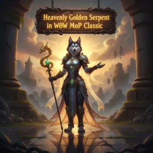 Artwork of an anthropomorphic husky character with a golden cloud serpent, inspired by World of Warcraft Mists of Pandaria Classic content.