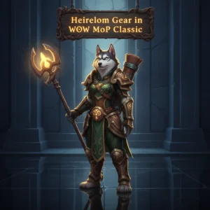 Fantasy artwork of an anthropomorphic Husky in an armored outfit, themed around Heirloom gear enhancement in WoW Mists of Pandaria Classic.