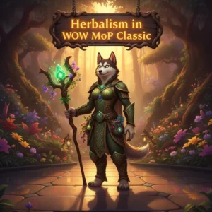 Fantasy game-inspired artwork featuring an anthropomorphic husky character in an outdoor fantasy environment, themed around Herbalism.
