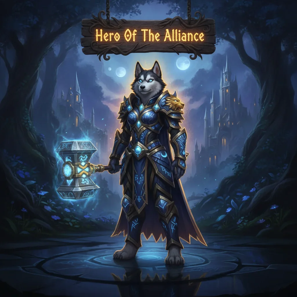 An anthropomorphic husky character in heroic fantasy armor is featured in a grand, game-inspired environment, representing Alliance hero content and related objectives.