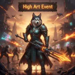 Fantasy artwork depicting an anthropomorphic Husky character, clad in intricate fantasy attire, representing High Art event content and seasonal objectives within a game.