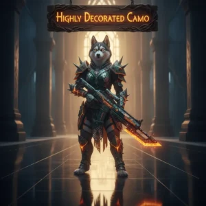 An anthropomorphic Husky character in ornate fantasy armor, standing in a magical, game-inspired landscape. This artwork is themed around highly decorated cosmetic unlocks and appearance customization content.