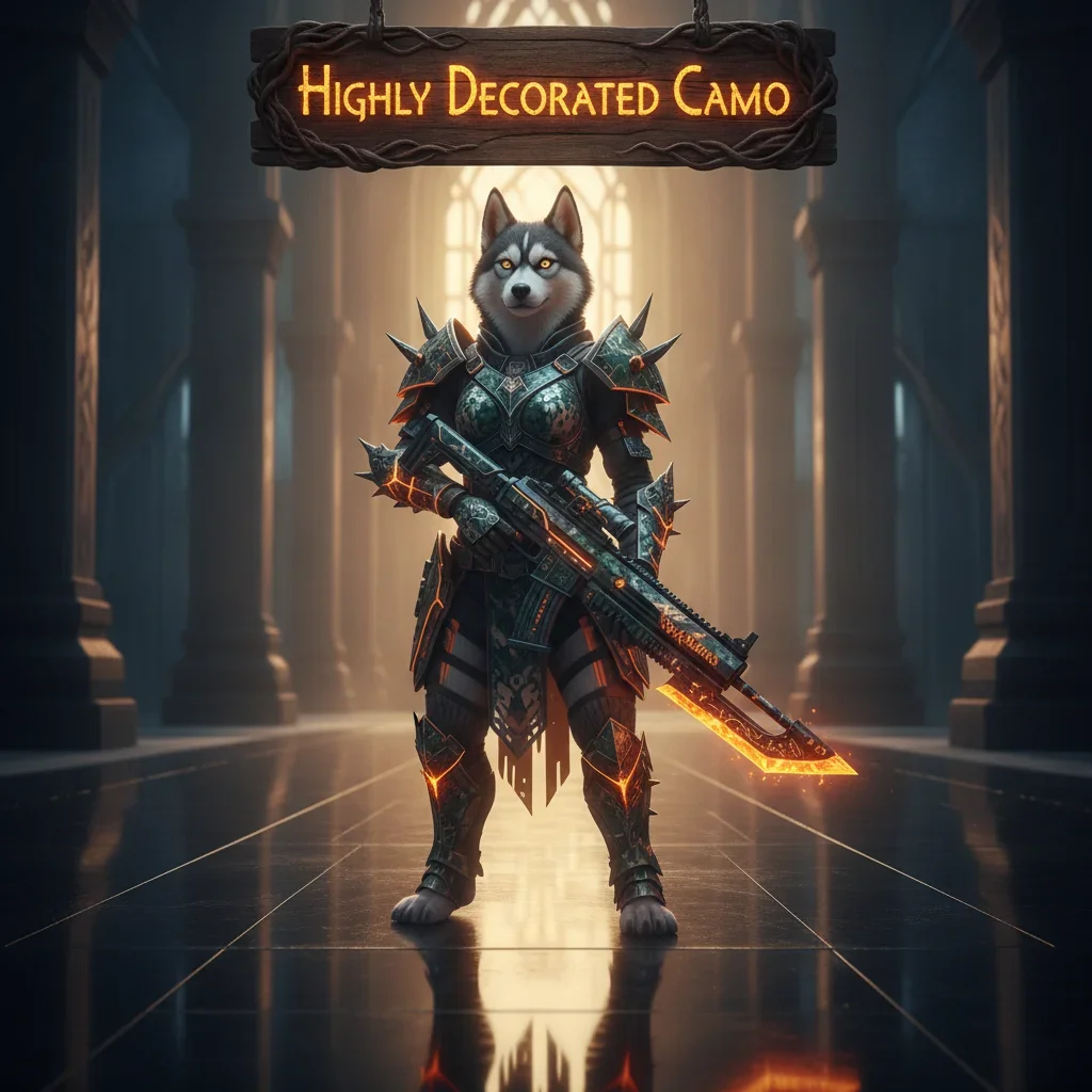 An anthropomorphic Husky character in ornate fantasy armor, standing in a magical, game-inspired landscape. This artwork is themed around highly decorated cosmetic unlocks and appearance customization content.