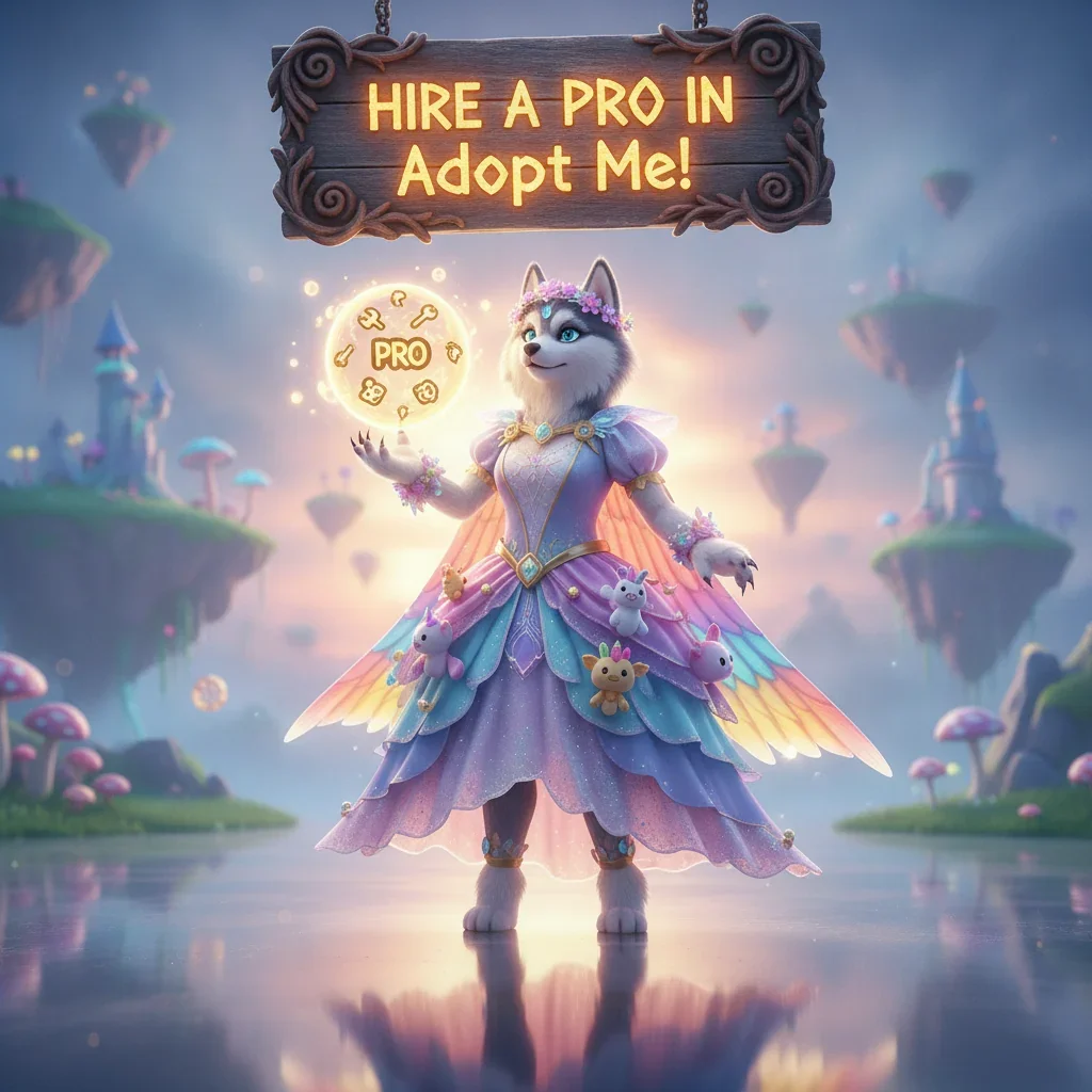 Fantasy artwork featuring an anthropomorphic Husky character, themed around Adopt Me! pet development and growth content.