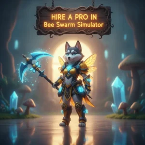 Fantasy artwork of an anthropomorphic husky character in a Bee Swarm Simulator-themed environment, representing game content.