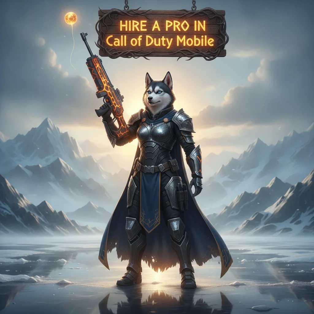 Fantasy artwork featuring an anthropomorphic Husky character in tactical gear, themed around Call of Duty Mobile challenges and objectives.