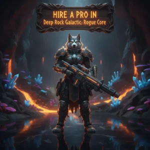 Fantasy game-inspired artwork featuring an anthropomorphic Husky character, themed around acquiring professional assistance in Deep Rock Galactic: Rogue Core. The character wears fantasy attire in a game-like environment.
