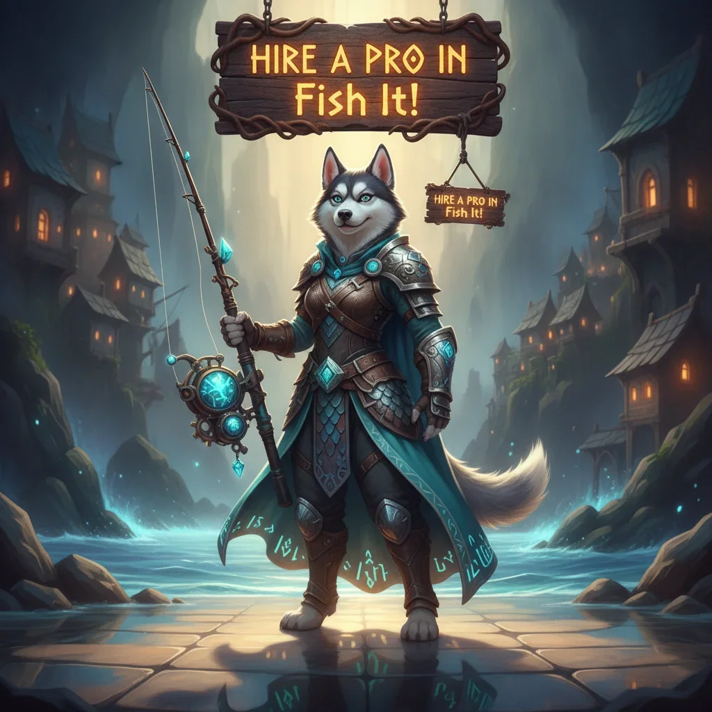 Fantasy artwork of an anthropomorphic husky character in a themed outfit, representing specialized fishing content and objectives.
