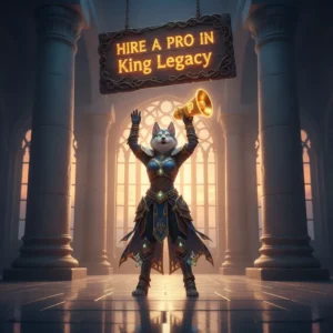 Fantasy artwork featuring an anthropomorphic Husky character, themed around hiring a professional for King Legacy content.
