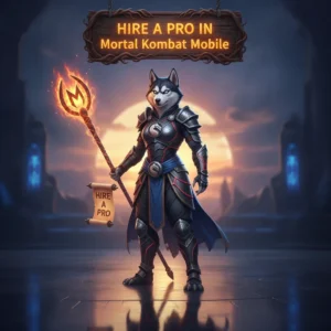 Fantasy game-inspired artwork featuring an anthropomorphic husky character in a themed outfit, set in a combat-ready fantasy environment related to Mortal Kombat Mobile.