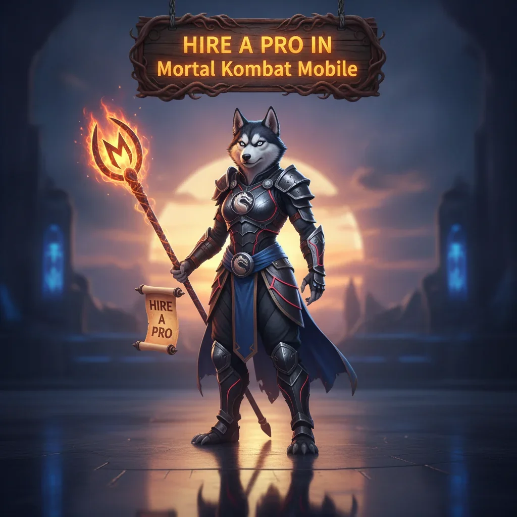Fantasy game-inspired artwork featuring an anthropomorphic husky character in a themed outfit, set in a combat-ready fantasy environment related to Mortal Kombat Mobile.