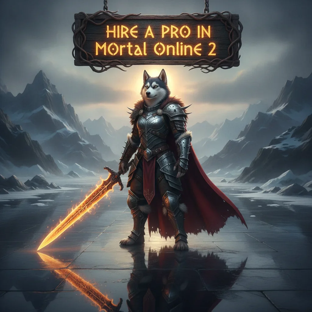 An anthropomorphic Husky character in fantasy attire, inspired by the theme of hiring professional assistance in Mortal Online 2.