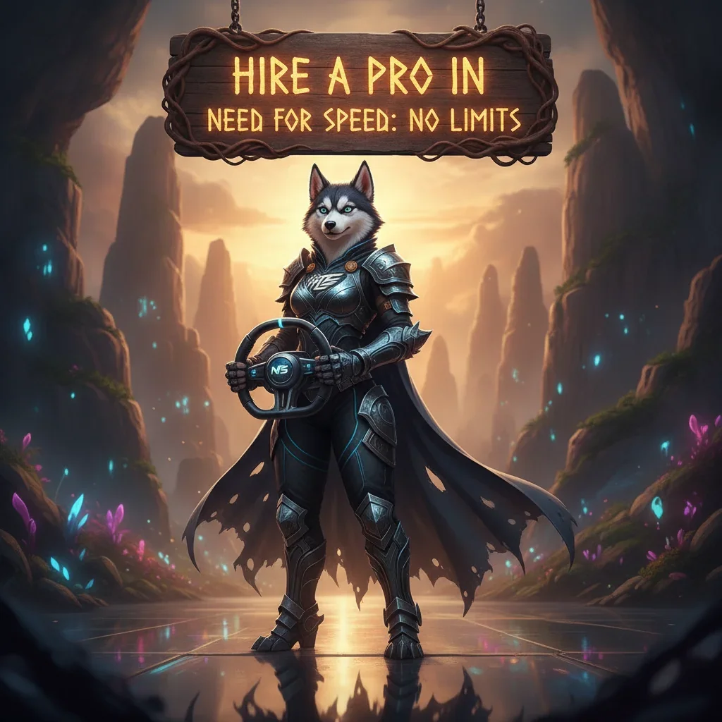 Fantasy artwork featuring an anthropomorphic Husky character, themed around Need for Speed: No Limits, with a focus on game progression.