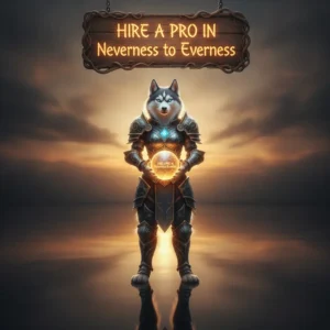 An anthropomorphic Husky character in fantasy attire, standing in a magical landscape themed around a journey from Neverness to Everness, reflecting game objectives.