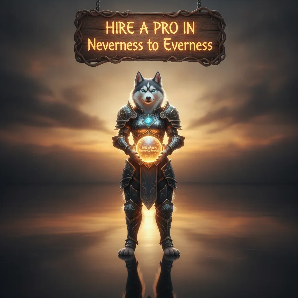 An anthropomorphic Husky character in fantasy attire, standing in a magical landscape themed around a journey from Neverness to Everness, reflecting game objectives.