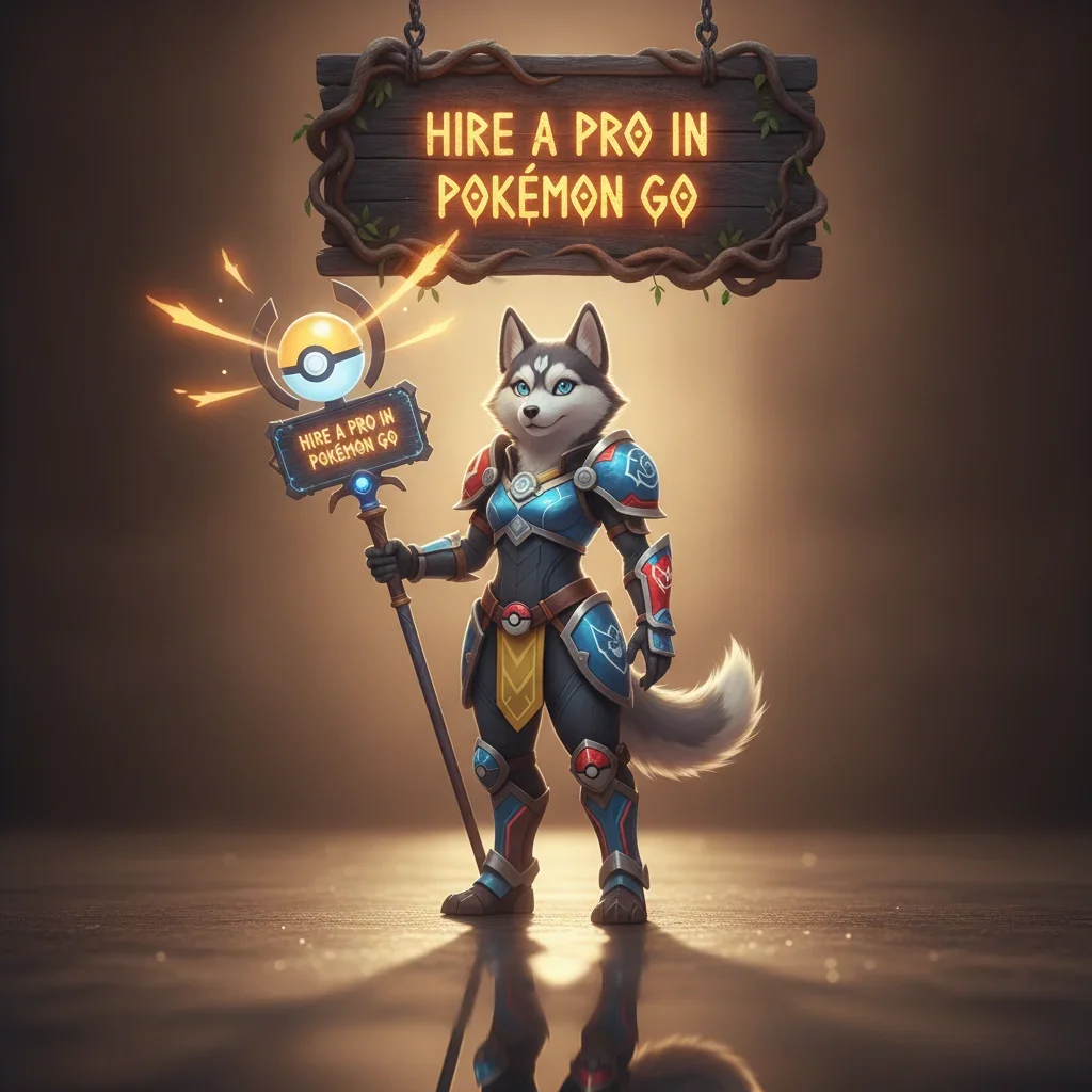 Fantasy artwork of an anthropomorphic Husky character, themed around Pokémon GO content and objectives.