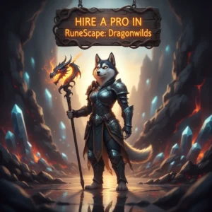 Fantasy artwork of an anthropomorphic husky character in a themed outfit, set against a background inspired by the RuneScape Dragonwilds.