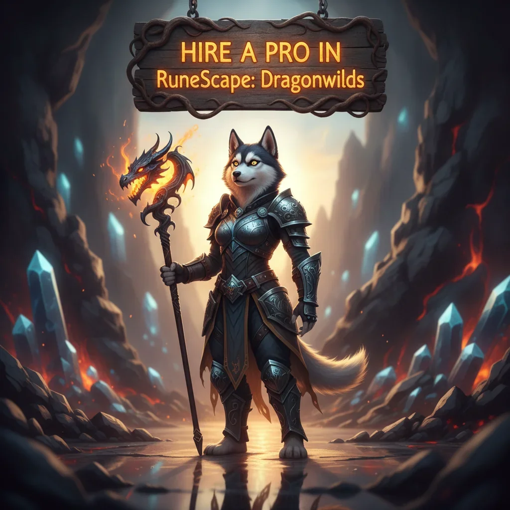 Fantasy artwork of an anthropomorphic husky character in a themed outfit, set against a background inspired by the RuneScape Dragonwilds.