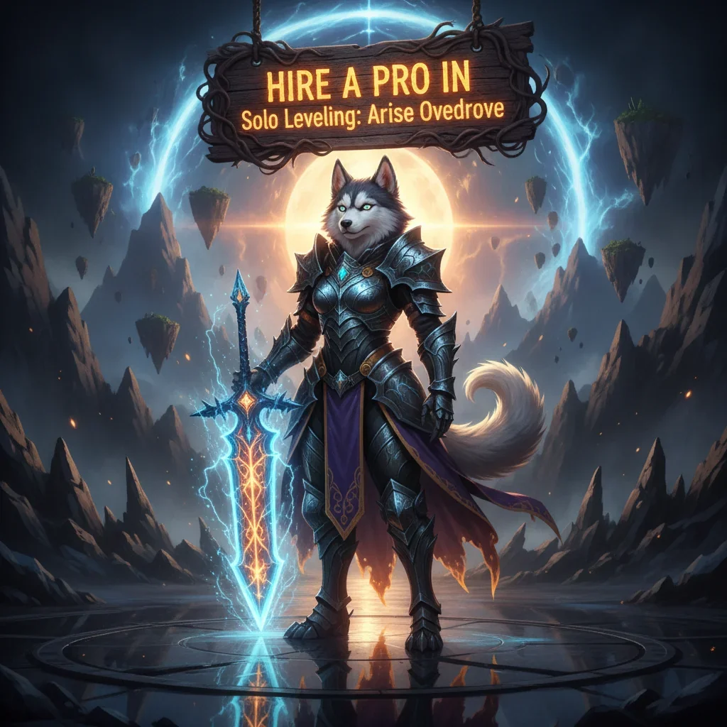 Fantasy artwork of an anthropomorphic husky mage, themed around Solo Leveling: Arise Overdrive game content and objectives.