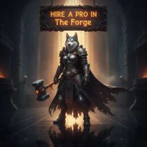 An anthropomorphic Husky character in armor stands in a fantasy forge, artwork themed around hiring a pro.