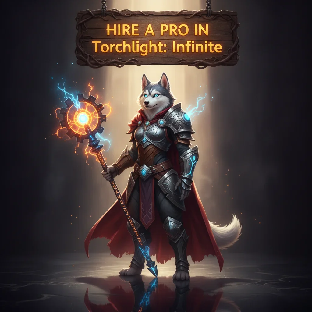 Fantasy game-inspired artwork featuring an anthropomorphic Husky character in themed attire, connected to professional assistance in Torchlight: Infinite.
