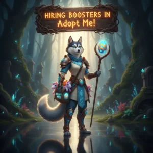 An anthropomorphic husky character in fantasy attire, inspired by 'Hiring Boosters in Adopt Me!' themes, representing pet progression content.