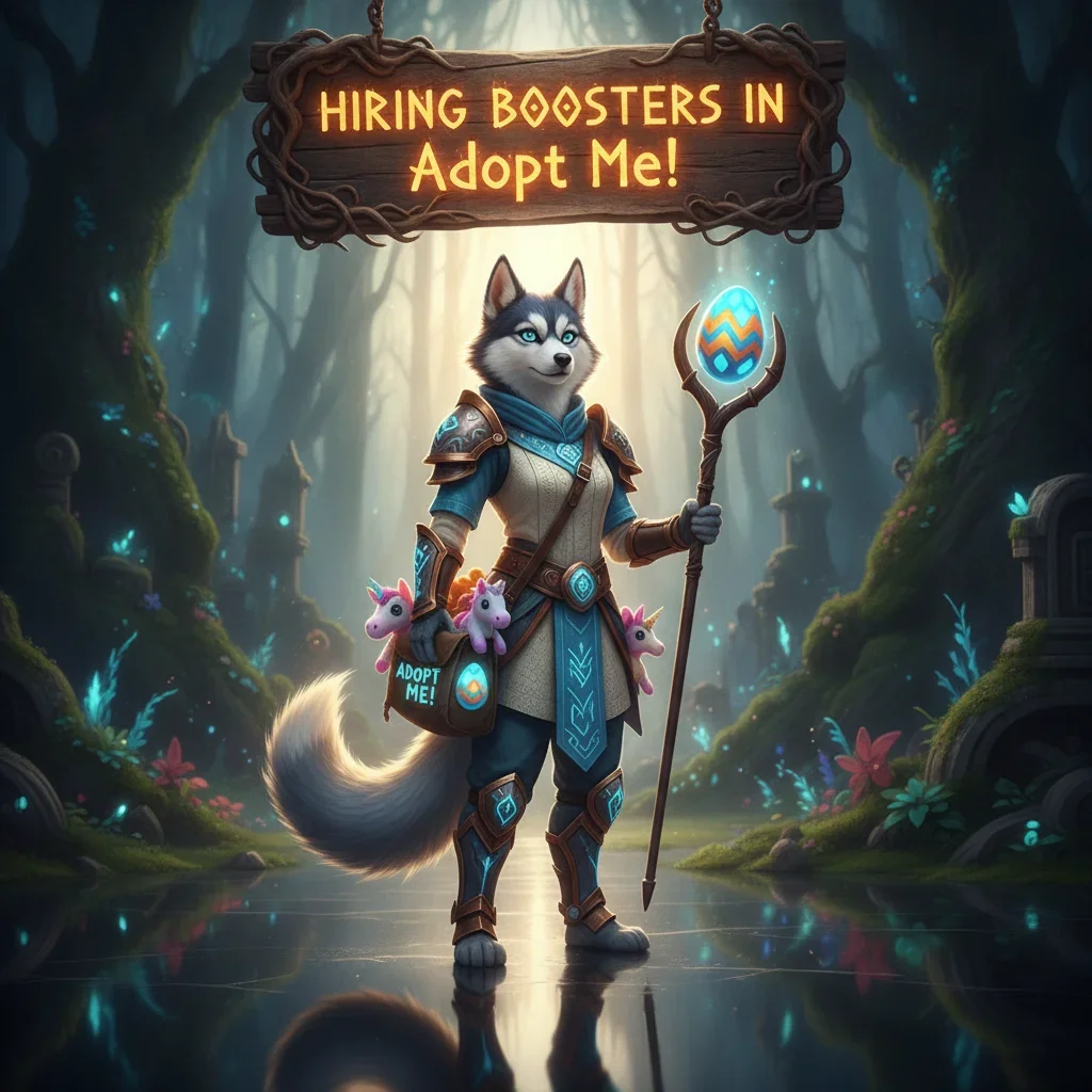 An anthropomorphic husky character in fantasy attire, inspired by 'Hiring Boosters in Adopt Me!' themes, representing pet progression content.