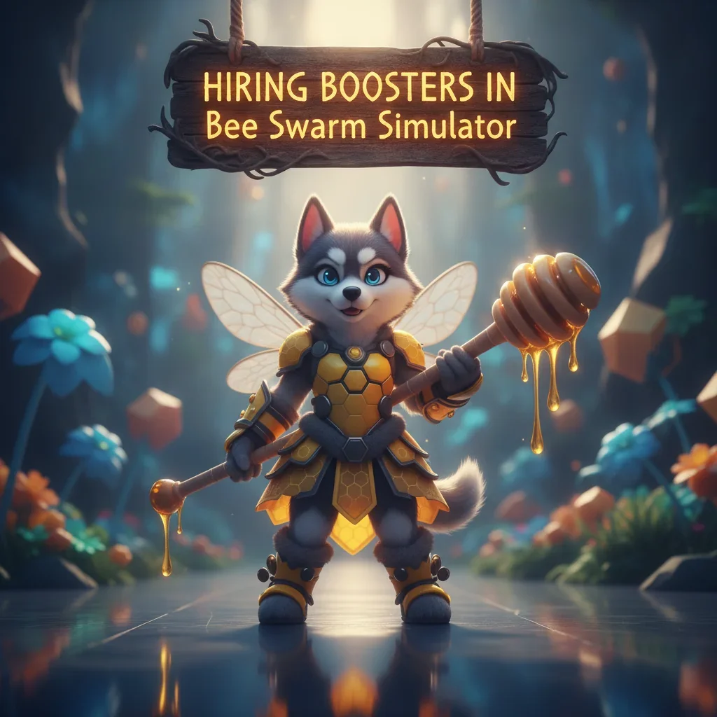 Fantasy game-inspired artwork featuring an anthropomorphic Husky character, themed around Bee Swarm Simulator content and objectives.