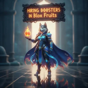 An anthropomorphic Husky character in fantasy attire, themed around the process of hiring boosters for Blox Fruits gameplay.