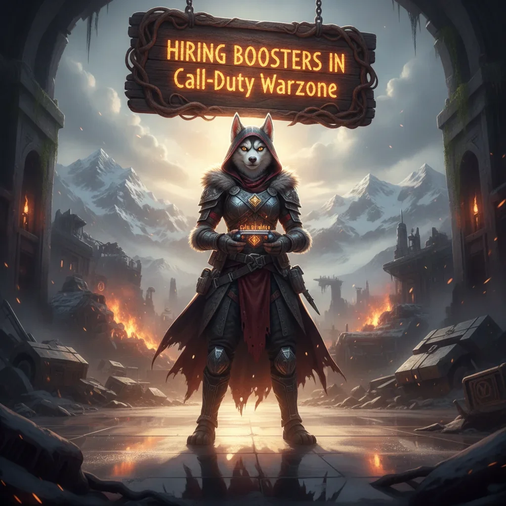 Fantasy artwork featuring an anthropomorphic husky character related to Call of Duty Warzone objectives and challenges.