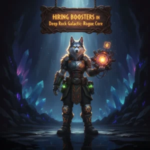 An anthropomorphic Husky in fantasy armor, inspired by Deep Rock Galactic: Rogue Core content and progression.