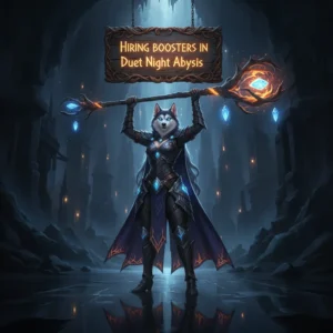An anthropomorphic Husky character in fantasy attire, against a game-inspired background, representing Duet Night Abyss content.