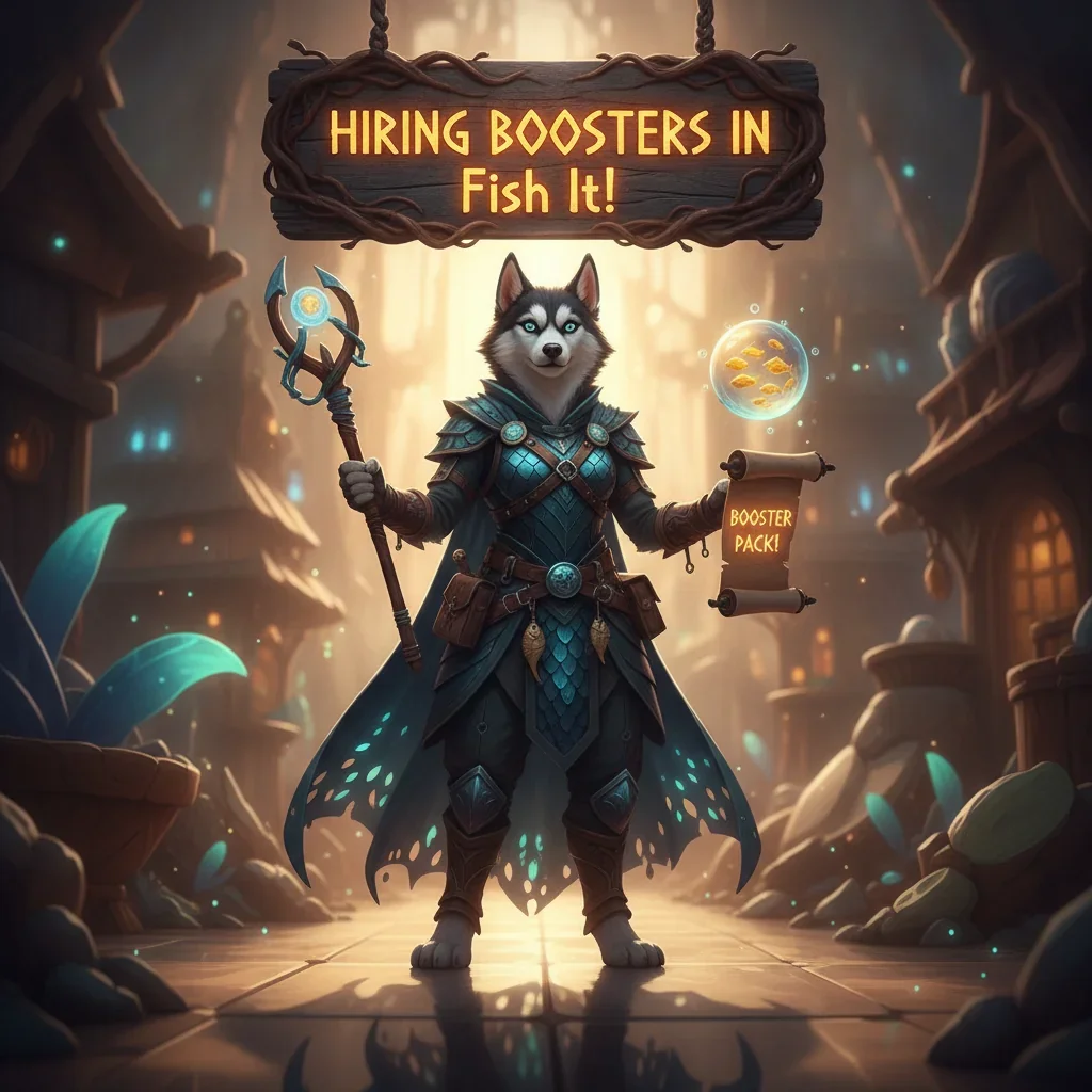 An anthropomorphic Husky character in a fantasy setting, themed around 'Hiring Boosters in Fish It!', representing game content and objectives.