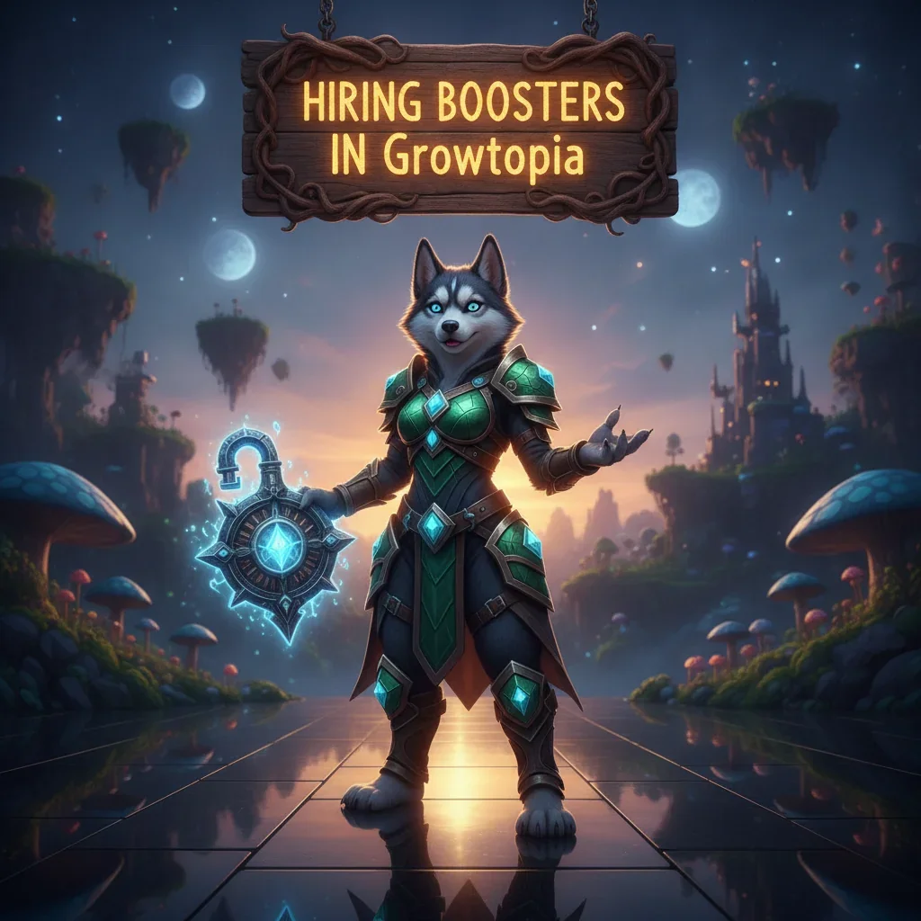 Anthropomorphic husky character in fantasy attire, themed around the concept of hiring boosters for game progression.