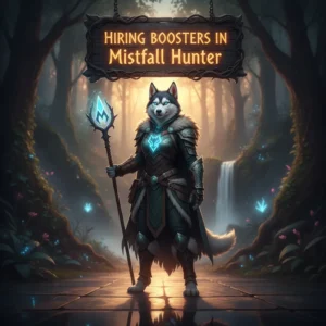Anthropomorphic Husky character in fantasy armor, set against a mystical forest backdrop, representing game boosting services.