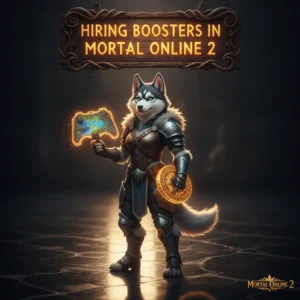 Fantasy artwork featuring an anthropomorphic Husky character, themed around boosting and game objectives in Mortal Online 2.