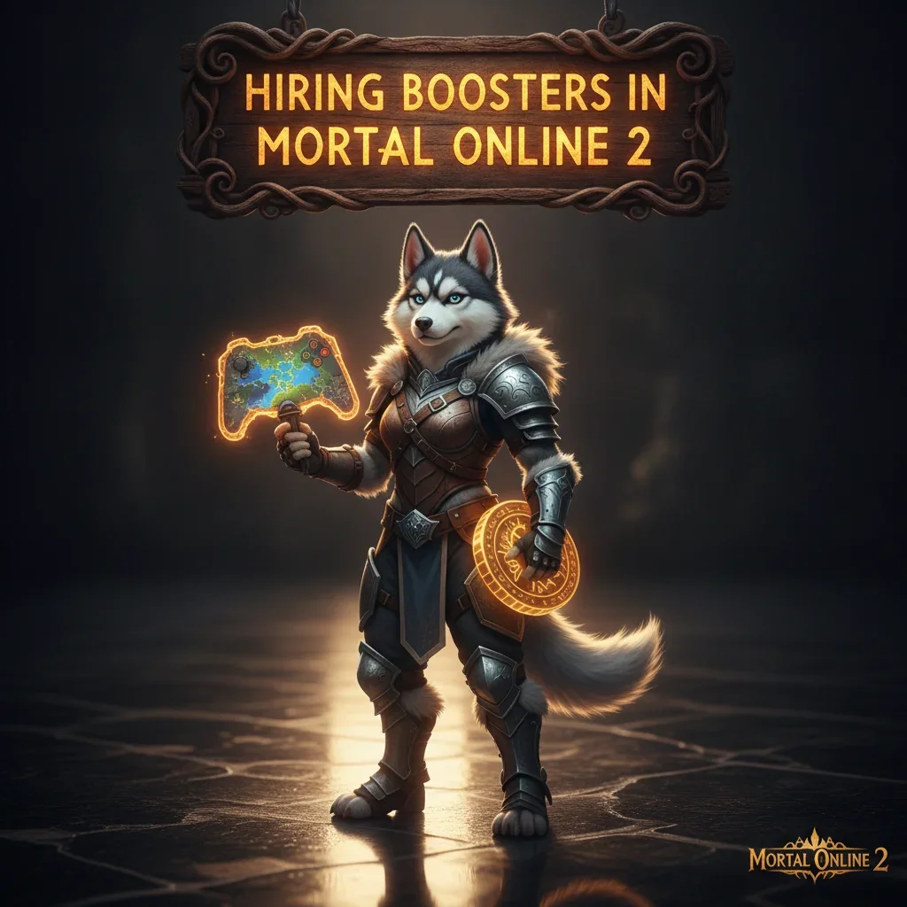Fantasy artwork featuring an anthropomorphic Husky character, themed around boosting and game objectives in Mortal Online 2.