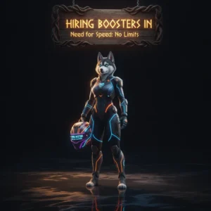 An anthropomorphic Husky character in a fantasy racing outfit, surrounded by stylized speed effects and a futuristic cityscape, representing high-octane racing challenges.