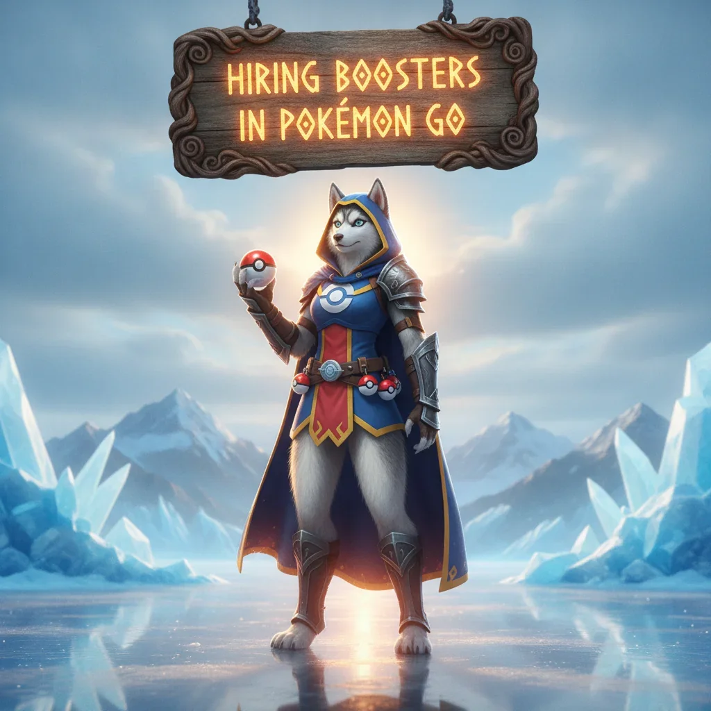 Fantasy artwork featuring an anthropomorphic Husky character, inspired by the theme of hiring boosters in Pokémon GO.
