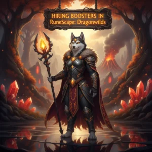A fantasy game-inspired image featuring an anthropomorphic Husky in armor amidst a dragon-themed landscape, representing RuneScape Dragonwilds content.