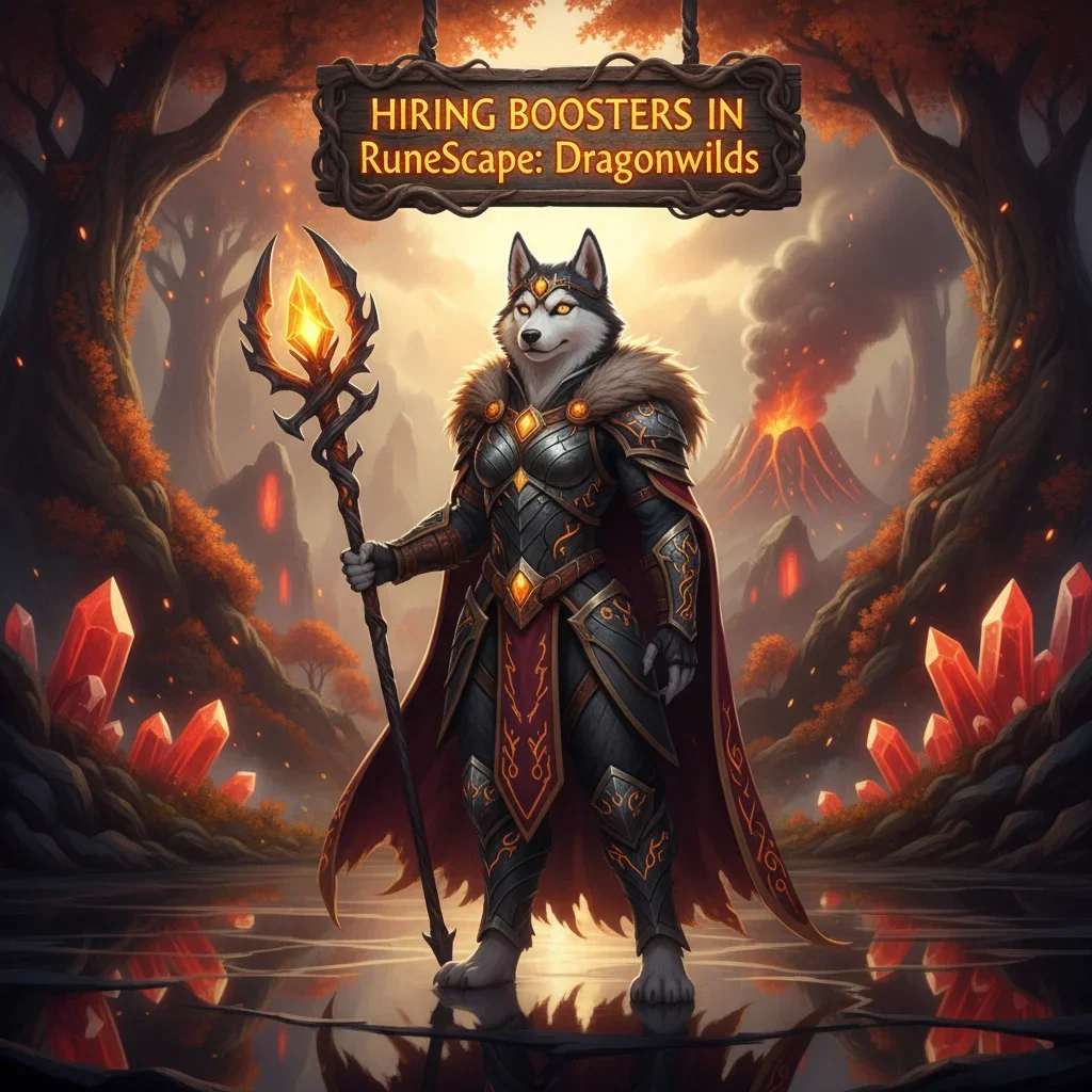 A fantasy game-inspired image featuring an anthropomorphic Husky in armor amidst a dragon-themed landscape, representing RuneScape Dragonwilds content.