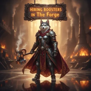 A fantasy game-inspired image featuring an anthropomorphic Husky character in a forge setting, representing game content.